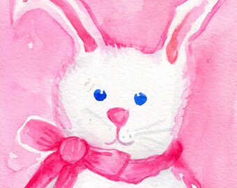 Watercolor Bunny Rabbit Painting Original, Small bunny wall art, white rabbit artwork  5 x 7 gift