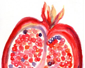 Pomegranate Watercolor Painting Original, Small Fruit Painting, Food Kitchen Wall Art 4 x 6