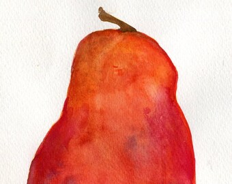 Red Pear Watercolor Painting - Original Fruit Kitchen Wall Art - 5x7 Inches