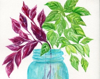Herbs watercolor painting original 9 x 11 Basil artwork, aqua mason jar artwork, small painting kitchen decor, watercolor painting herbs