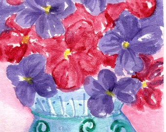 Purple & Dark Pink Hydrangeas, Blue, Green Vase Watercolor Painting, Original 4 x 6 in