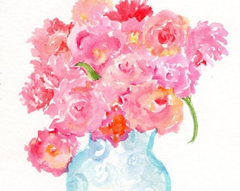 Peonies watercolor painting original, blue and white  vase, 5 x 7 small watercolor art