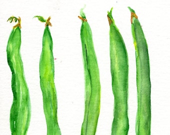 Original Green Beans watercolors paintings, Vegetable kitchen decor 5 x 7, hand painted, not a print