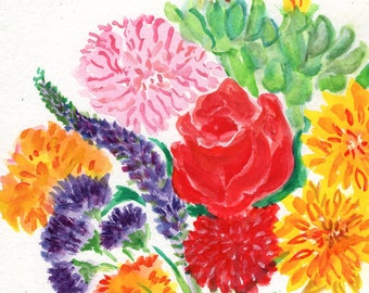 Watercolor flowers painting Original, small floral artwork, bouquet