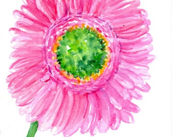 Gerbera Daisy Original Watercolors Painting, small Pink floral artwork 5 x 7  flower watercolor, pink Gerber daisy, Farmhouse decor