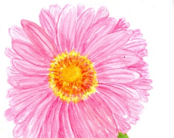 Gerbera Daisy Original Watercolors Painting,  small Pink floral artwork 5 x 7  flower watercolor, pink Gerber daisy, Farmhouse decor