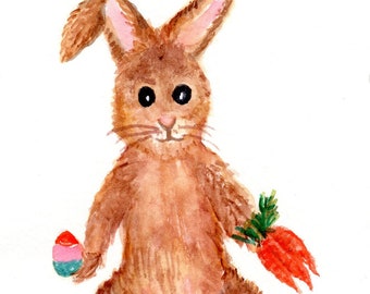 Bunny Rabbit Watercolor Painting Original, Easter eggs, carrots artwork  5 x 7, gift under 20