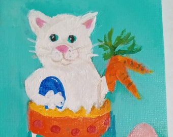 Adorable White Cat in Easter Egg Mini Canvas Art - Original 3x4 Painting, Home gift under 35, gift for cat lover