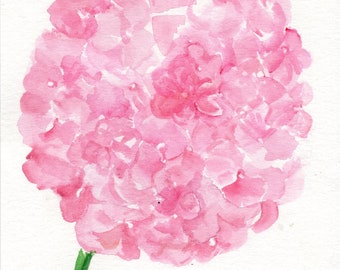 Pink Hydrangeas watercolor painting original, colorful botanical pink floral artwork 5 x 7
