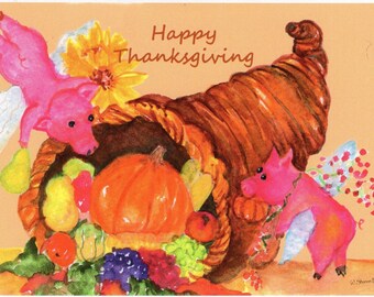 Happy Thanksgiving Card, Pair of Flying Pigs, cornucopia greeting card,