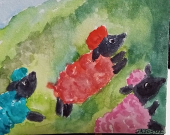 Sheep miniature Original watercolor painting Where colored wool comes from Sheep, Mini Clip Frame option, ACEO Colorful Sheep