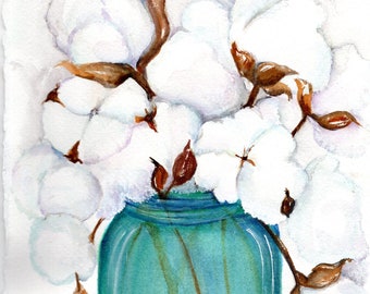 Original Cotton Bolls watercolor painting, blue Mason canning jar watercolor art  8 x 10  cotton art,  Farmhouse Decor