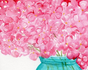 Pink hydrangeas watercolor original, hydrangea art, mason canning jar art 8 x 10 flowers painting, Hot pink decor,