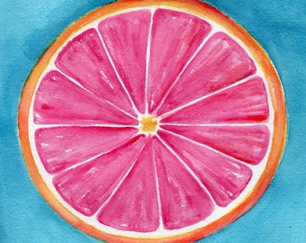 Original  Watercolor Painting Grapefruit, Citrus art 8 x 10  wall art, grapefruit painting on turquoise blue, home gift, hot pink decor