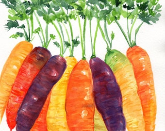 Original Rainbow Carrots watercolor painting,  Colorful Vegetables art 8 x 10, home gift, gift