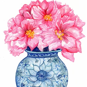 Elegant Chinoiserie Vase with Pink Peonies Watercolor Art Print - Blue and White Floral Giclee 8x10