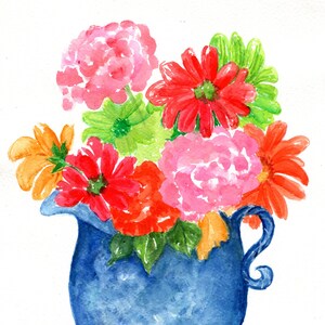 Flowers original watercolor painting, Blue and white Pitcher 8 X 10, Sunflowers, Zinnias, Hydrangeas, Gerbera Daisies Bild 1