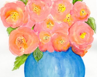 Original Peach Cabbage Roses watercolor painting, flowers decor, blue glass jar, 8x10 small floral wall art, home gift