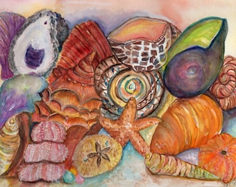 Shells watercolor painting original, Seashells  9 x 12 beach house art,