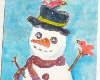 ACEO Original Painting Snowman watercolor, whimsical art card, Home gift