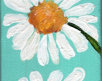 small painting on canvas, Shasta Daisies Painting, Aqua Original on canvas with mini easel, 2 x 4, acrylic painting