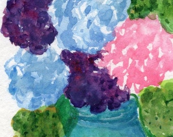 ACEO Hydrangeas Original watercolor painting, Blue Mason jar, art card   2-1/2"x3-1/2", gift
