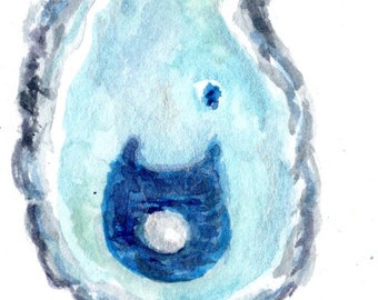 Miniature Original Oyster, Pearl  Watercolor Painting, Oyster Art   2-1/2"x3-1/2", Beach lover gift under 20, Artist Trading Card