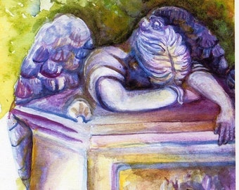 Sympathy card, Weeping Angel watercolor print card