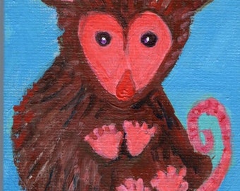 Baby Opossum small acrylic painting, easel, Original possum art 3" x 4"  animal art,  mini possum on canvas, baby animal gift