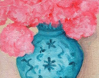 Original Pink Hydrangeas Still Life: Mini Acrylic Painting on Canvas