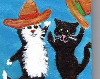 Cinco De Mayo Cats, Sombreros  Mini Canvas Art  3x4 inches - Festive Kitty Home Décor, Hand painted Original