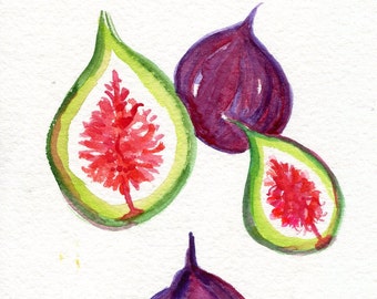 Figs Original Watercolor Painting, Small Fruit Artwork. Kitchen Wall Art 5 x 7,