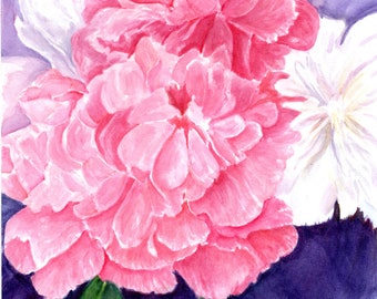 Peonies watercolor original painting, Peony Wall Art, pink, white, purple floral artwork 8 x 10,