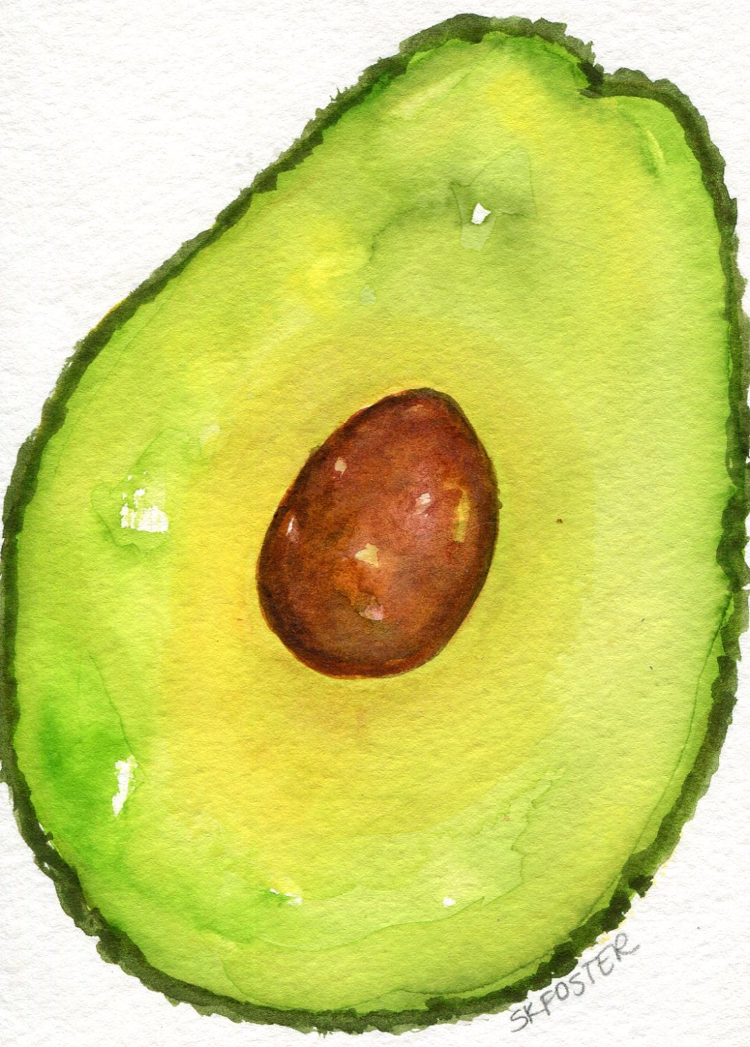 Avocado small watercolor painting original 4 x 6 kitchen wall art decor