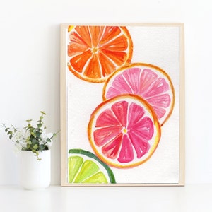 Citrus trendy ART PRINT,  Watercolor artwork Orange, Grapefruit, Lime slices, Trendy Fruit art 5x7  Farmhouse kitchen wall art decor