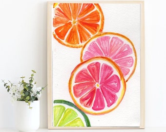 Citrus trendy ART PRINT,  Watercolor artwork Orange, Grapefruit, Lime slices, Trendy Fruit art 5x7  Farmhouse kitchen wall art decor