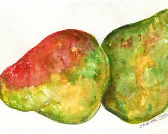 Green and red Pears watercolor painting, Fruit artwork 4x 6  food, culinary kitchen wall art,  mix and match Fruits and Vegetables