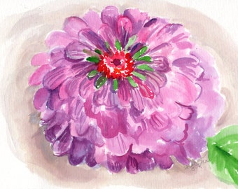 Original  Purple Zinnia watercolor painting 5 by 7 flower, not a print, home gift