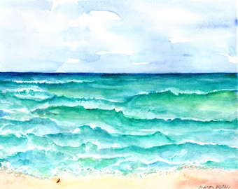 Seascape watercolor painting Original, minimalist 8 x 10 sea view, beach house wall art, gift