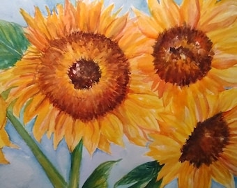 Original Sunflowers Watercolor Painting, 12 x 14  large sunflower wall art