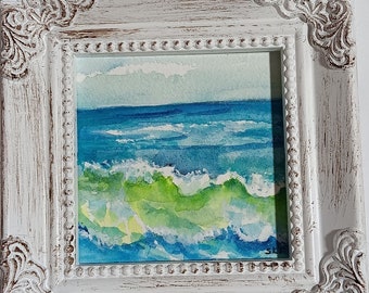 Original Seascape Blue, Green Miniature Watercolor - Tiny Ocean Painting - 3x3 Mini Art - Framed 4x4 Beach lover gift under 30