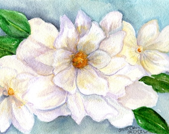Gardenia Watercolor Original Painting  5x7 Flower wall art