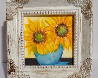 Sunflowers Original Flower Miniature Watercolor Painting, Tiny Floral Still Life Painting, 3x3 Mini Watercolor Art, Framed  4x4 inch