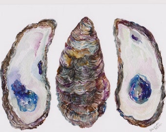 Oysters watercolor print,  Shells  Art PRINT 5 x 7  oyster art, Oysters beach wall art, home gift, gift
