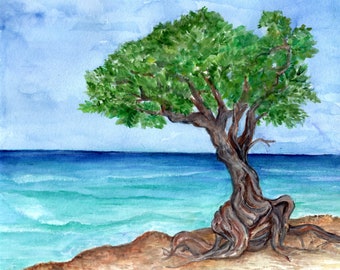 Divi Divi Tree, Aruba watercolor painting original, minimalist ocean artwork, seascape,  Aruba beach lover gift art 8 x10