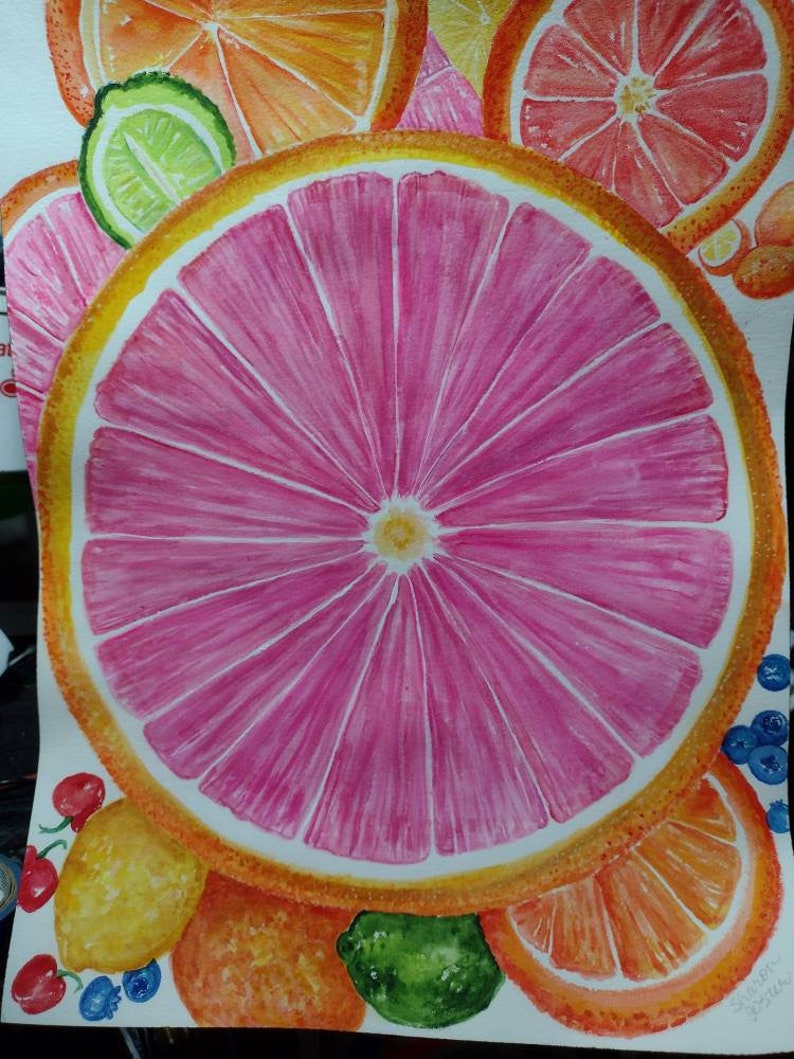 Original Citrus Watercolor Painting, Orange, Grapefruit, Lime slices, Fruit art 12 x 16 kitchen decor, image 4