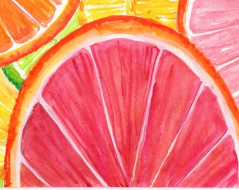 Citrus Watercolor Painting, Original Ruby Red Grapefruit 4 x 6 Kitchen wall art, contemporary botanical