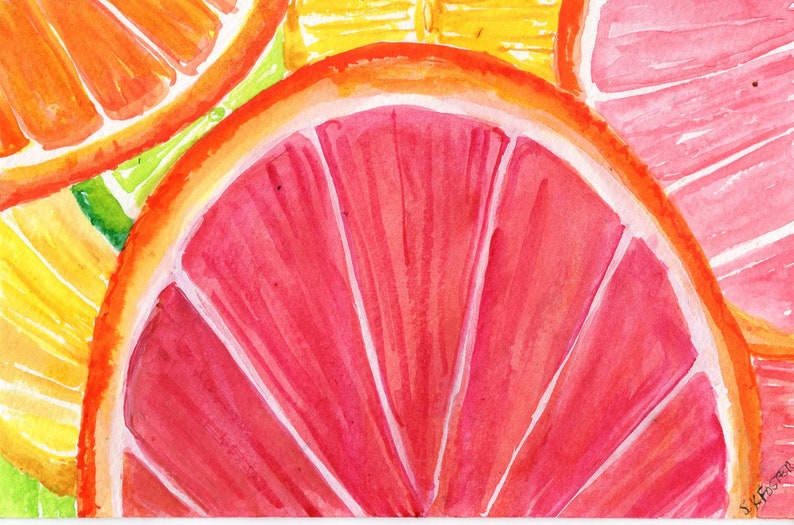 Citrus Watercolor Painting, Original Ruby Red Grapefruit 4 x 6 Kitchen wall art, contemporary botanical image 1