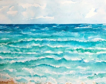 Original Seascape watercolor painting, 15 x 11 Minimalist Beach artwork, beach house décor,