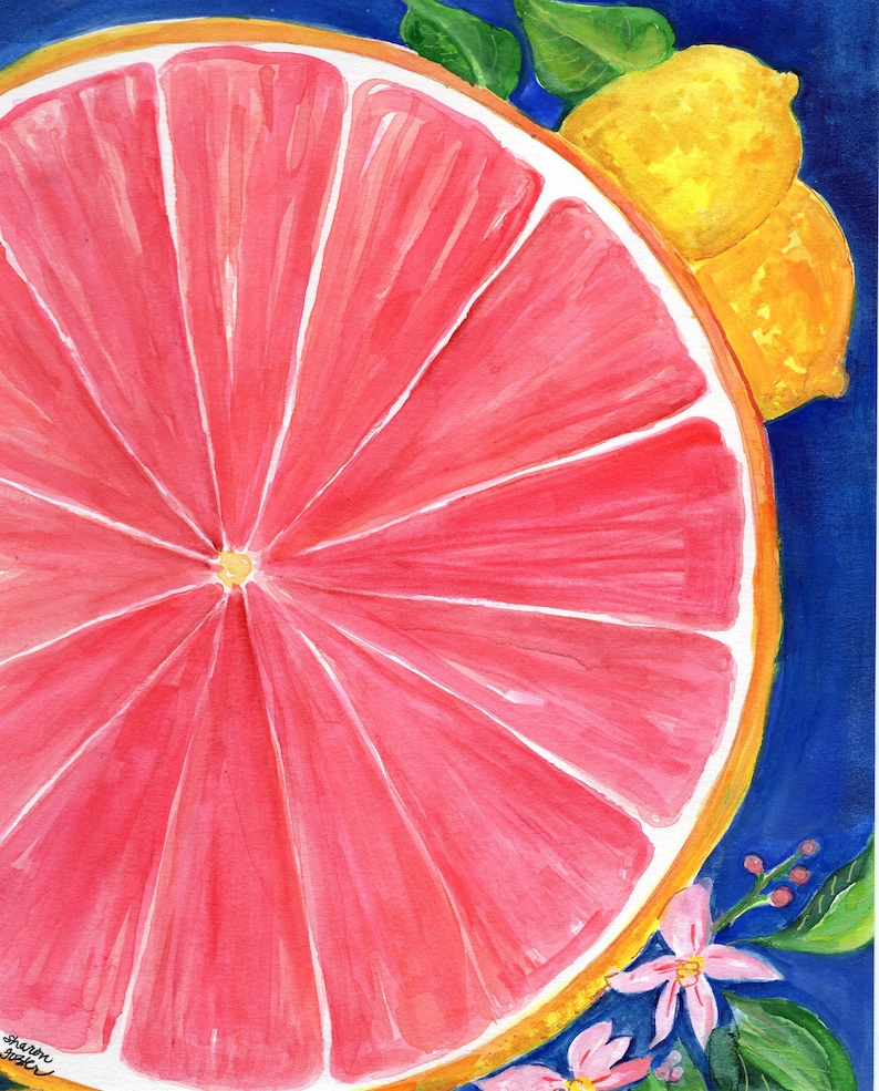 Grapefruit Watercolor Painting Original, Ruby Red Citrus ART 8 x 10 kitchen décor. lemons. citrus blossoms, Bild 4